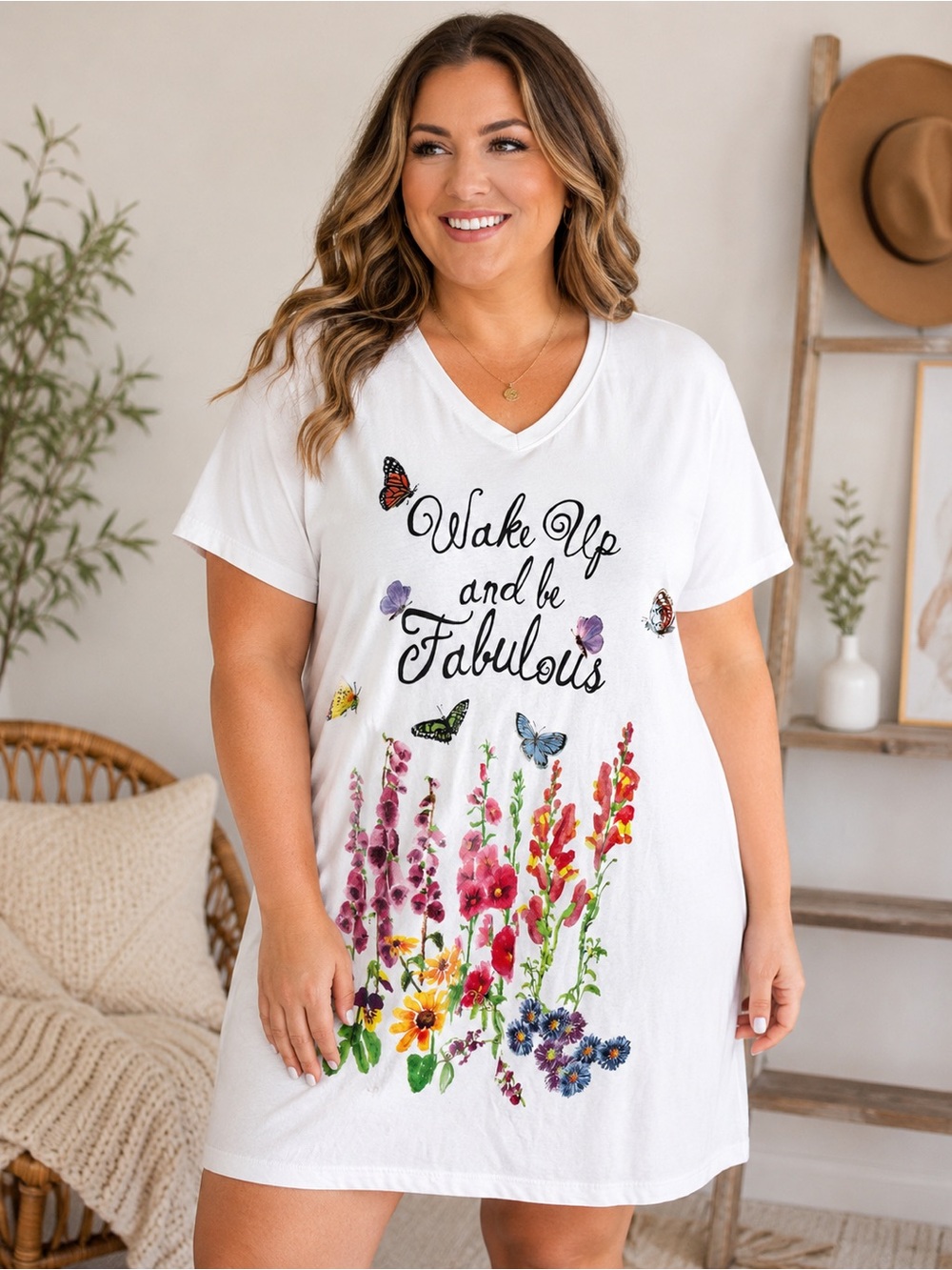 LAT Women’s L/XL White Floral Butterfly Nightgown Muumuu Sleep Shirt Cottagecore